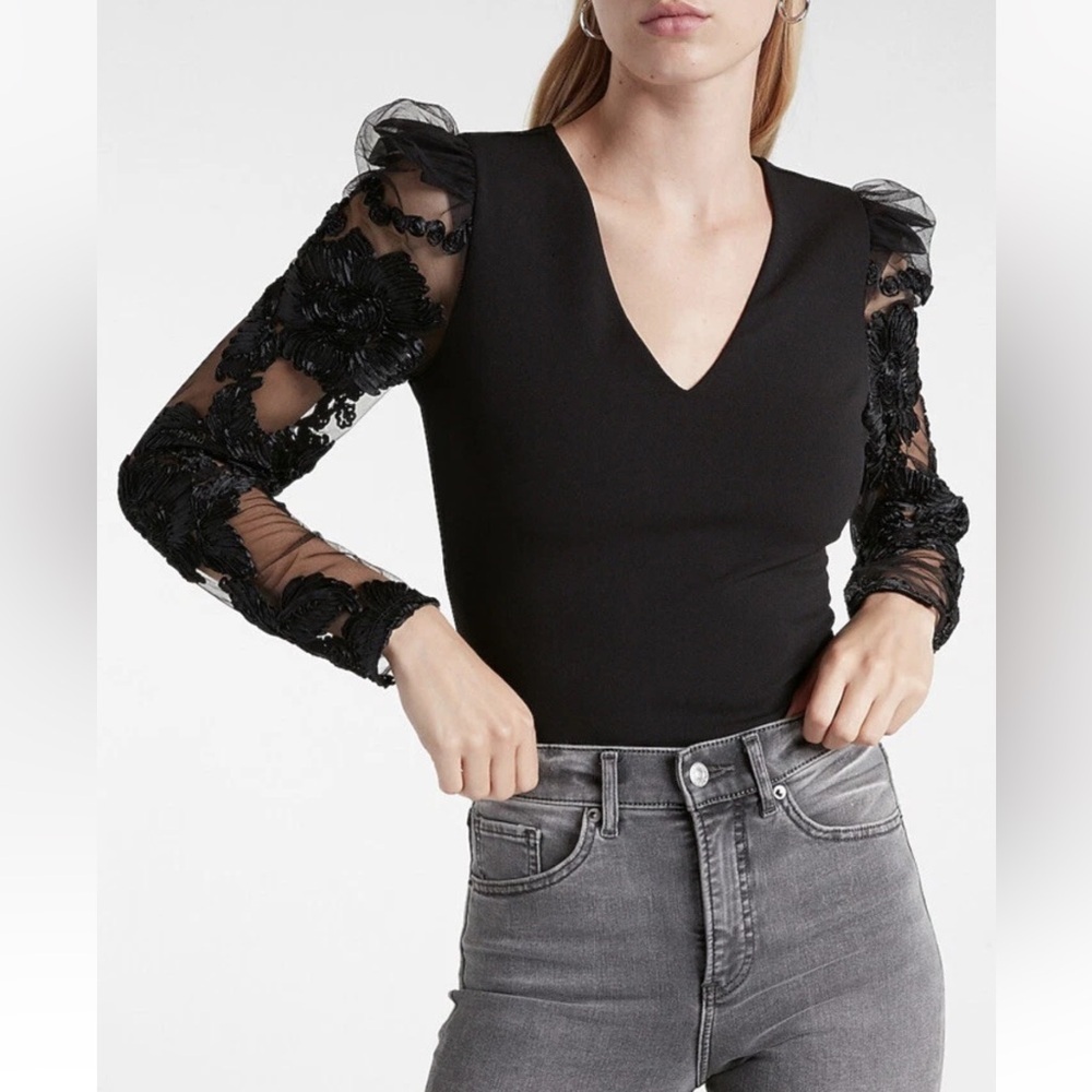 Express Black V Neck bodysuit opaque lace flower mesh arm detail size X large